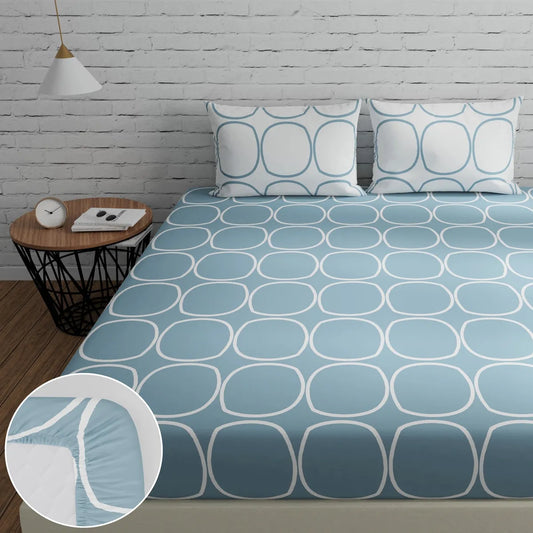 Cotton Elastic Fitted Double Bedsheet with 2 Pillow Covers (72×78, up to 10 Inch) – 360° Elasticates (SkyBlue)