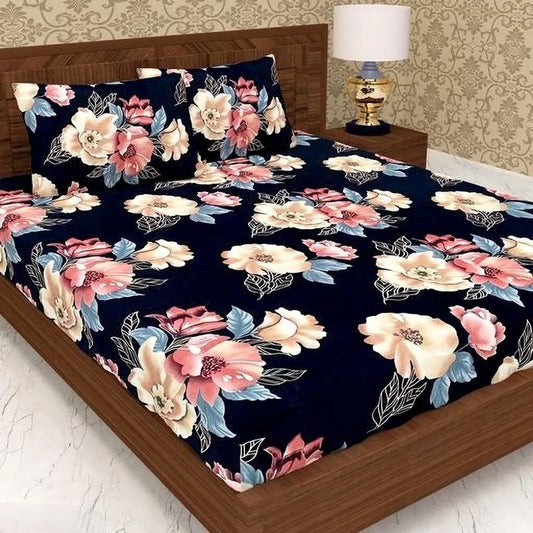 Cotton Elastic Fitted Double Bedsheet with 2 Pillow Covers (72×78, up to 10 Inch) – 360° Elasticated (Black Golden Flower)